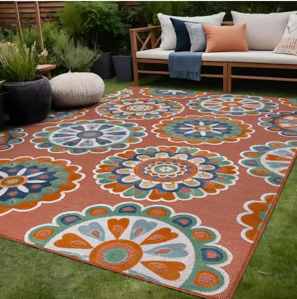 Mandala 8 ft. x 10 ft. Orange Washable Bohemian Medallion Indoor Outdoor Area Rug