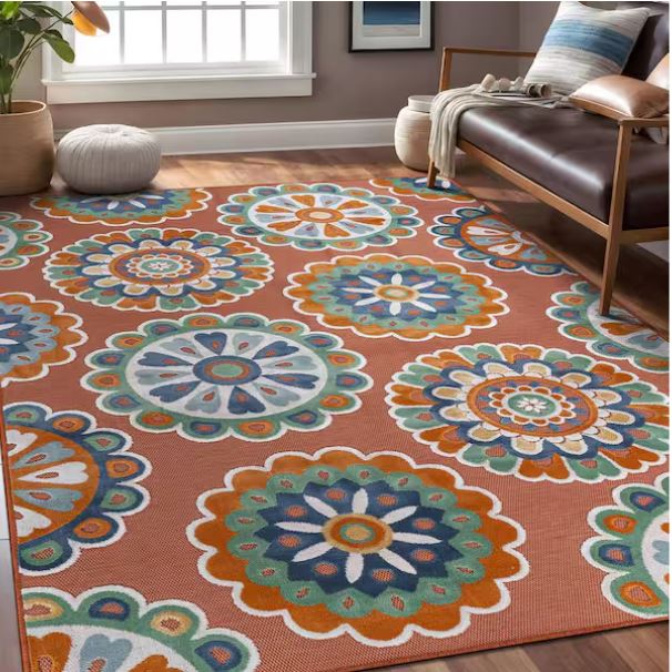Mandala 8 ft. x 10 ft. Orange Washable Bohemian Medallion Indoor Outdoor Area Rug