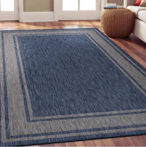 Essence Navy/Silver 9 ft. x 12 ft. Bordered Easy to Clean Indoor Outdoor Area Rug