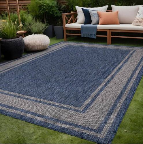 Essence Navy/Silver 9 ft. x 12 ft. Bordered Easy to Clean Indoor Outdoor Area Rug