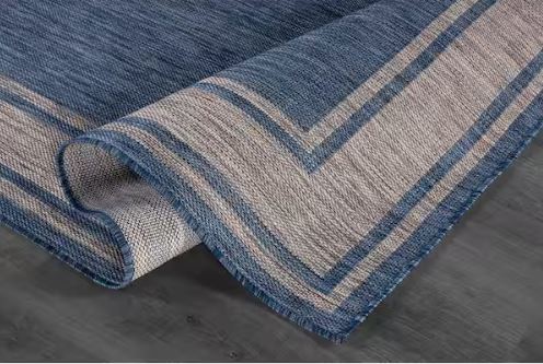 Essence Navy/Silver 9 ft. x 12 ft. Bordered Easy to Clean Indoor Outdoor Area Rug