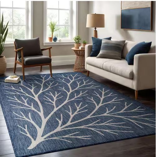 Flora Blue 6 ft. x 9 ft. Coral Branch Washable Indoor Outdoor Area Rug