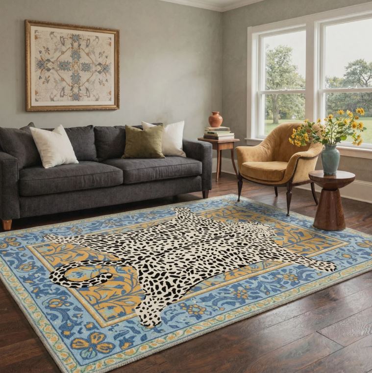 9x12 Alinda Savanna Animal Print Machine Washable Blue / Yellow / Beige Indoor Area Rug with Non-Slip Backing