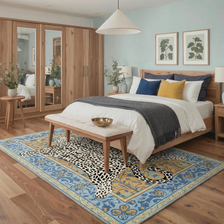 9x12 Alinda Savanna Animal Print Machine Washable Blue / Yellow / Beige Indoor Area Rug with Non-Slip Backing