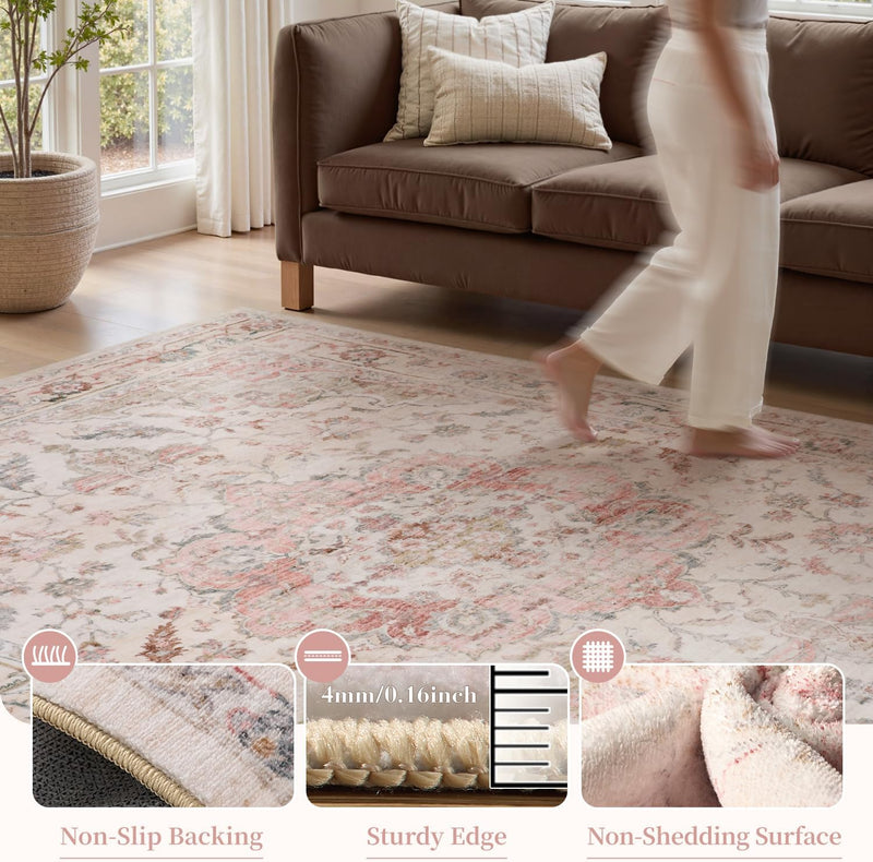 PADOOR 9X12 Area Rug, Rugs for Living Room, Soft Pink Rugs for Bedroom, Machine Washable Rug Non Slip Carpet for Dining Room Living Room Bedside Office