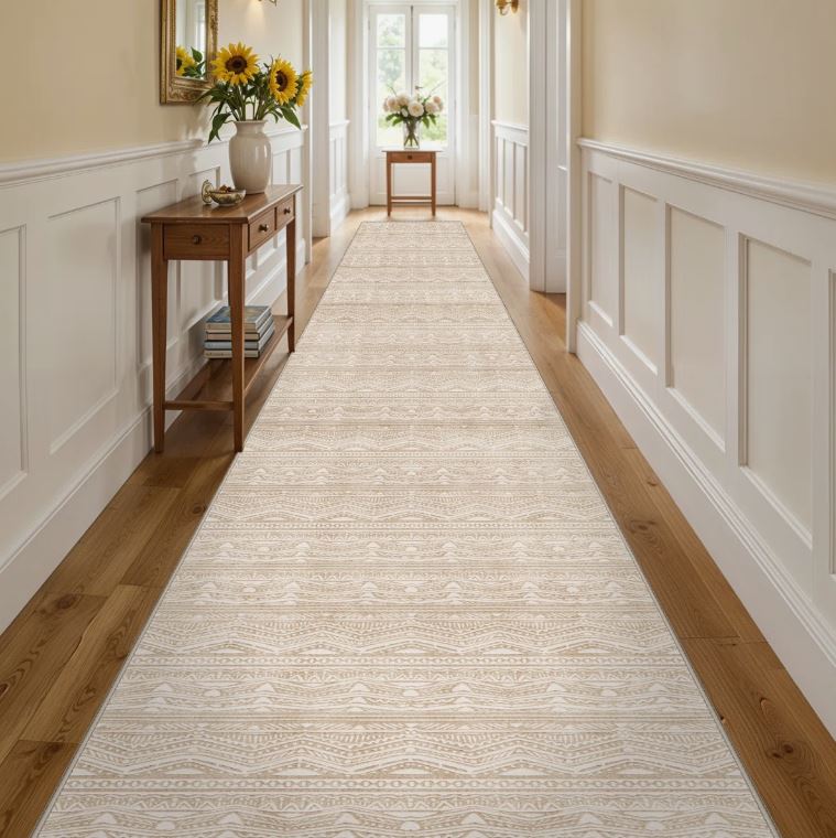 3x12 Rug Runners Washable - Moroccan Hallway Runner Rug Non Slip Kitchen Runner Low Pile Soft Indoor Floor Mat Front Door for Bedroom Entryway Laundry Beige