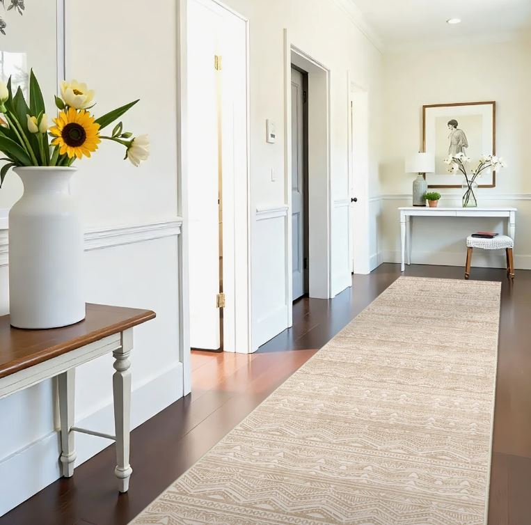 3x12 Rug Runners Washable - Moroccan Hallway Runner Rug Non Slip Kitchen Runner Low Pile Soft Indoor Floor Mat Front Door for Bedroom Entryway Laundry Beige