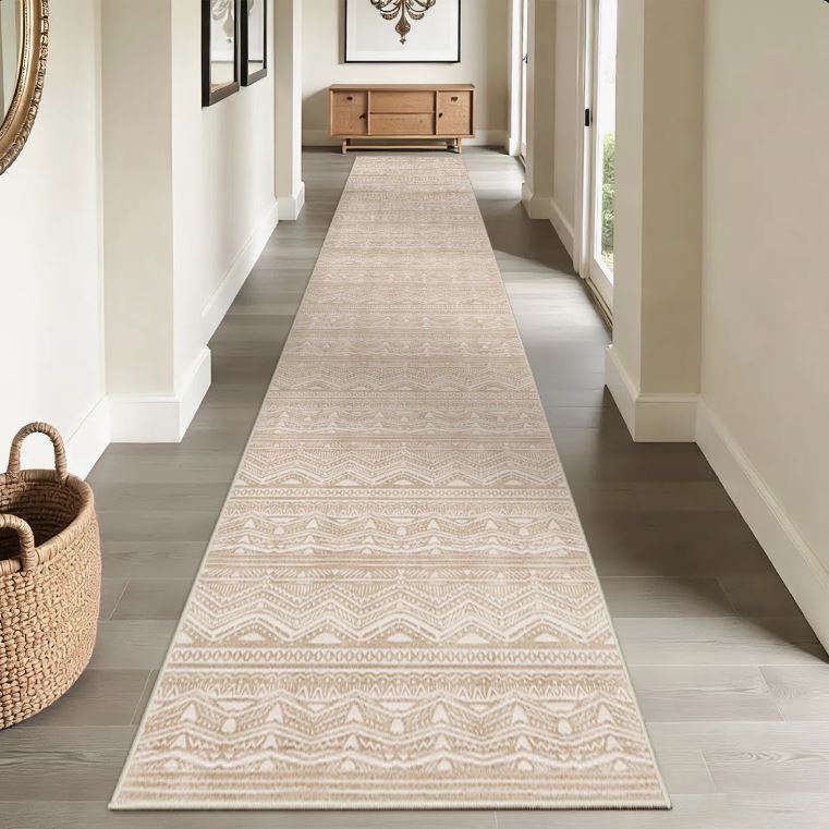 3x12 Rug Runners Washable - Moroccan Hallway Runner Rug Non Slip Kitchen Runner Low Pile Soft Indoor Floor Mat Front Door for Bedroom Entryway Laundry Beige