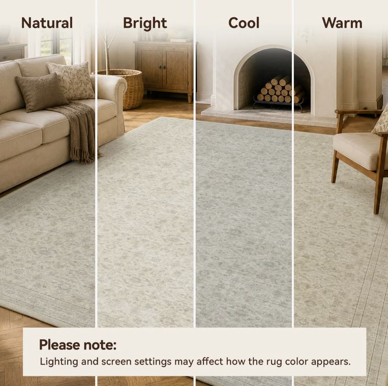 8x10 Beige Vintage-Inspired Washable Non-Slip Area Rug For Living Room, Bedroom