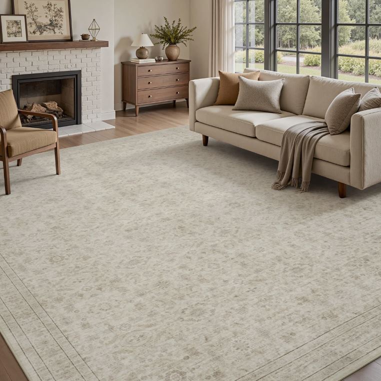 8x10 Beige Vintage-Inspired Washable Non-Slip Area Rug For Living Room, Bedroom