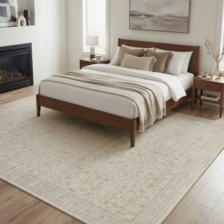 8x10 Beige Vintage-Inspired Washable Non-Slip Area Rug For Living Room, Bedroom