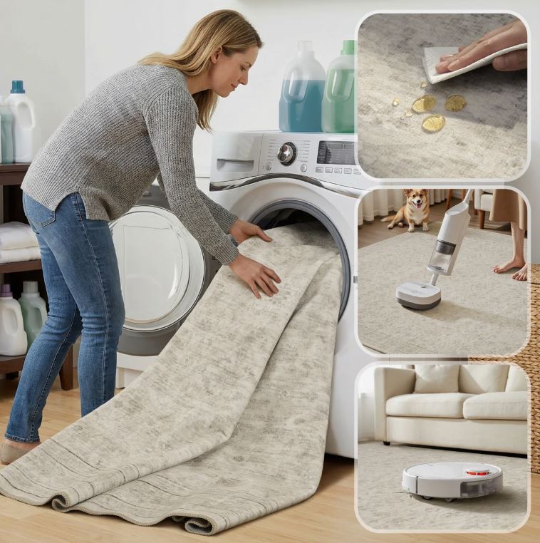 8x10 Beige Vintage-Inspired Washable Non-Slip Area Rug For Living Room, Bedroom