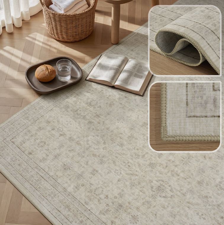 8x10 Beige Vintage-Inspired Washable Non-Slip Area Rug For Living Room, Bedroom