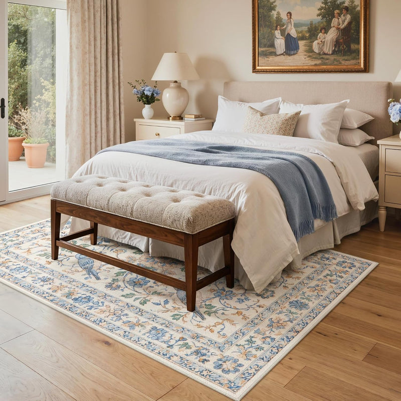 GENIMO 6X9 Blue Ivory Area Rug for Living Room, Washable Non Slip