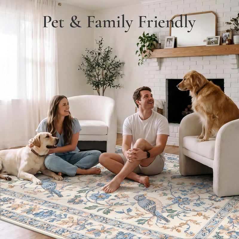GENIMO 6X9 Blue Ivory Area Rug for Living Room, Washable Non Slip