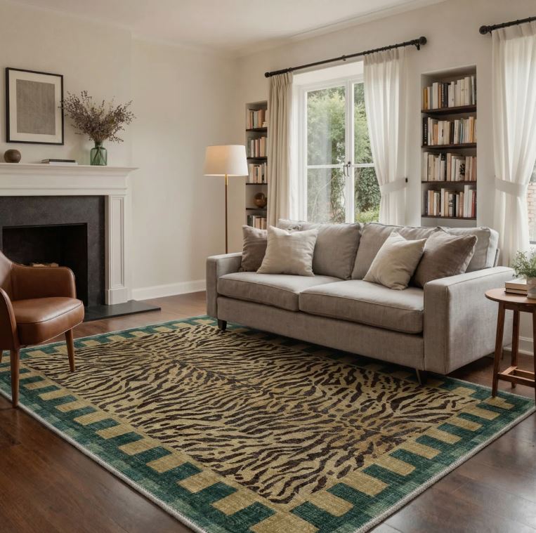 6' x 9' Alissa Zagora Animal Print Tiger Stripe Machine Washable Green / Brown Indoor Area Rug with Non-Slip Backing