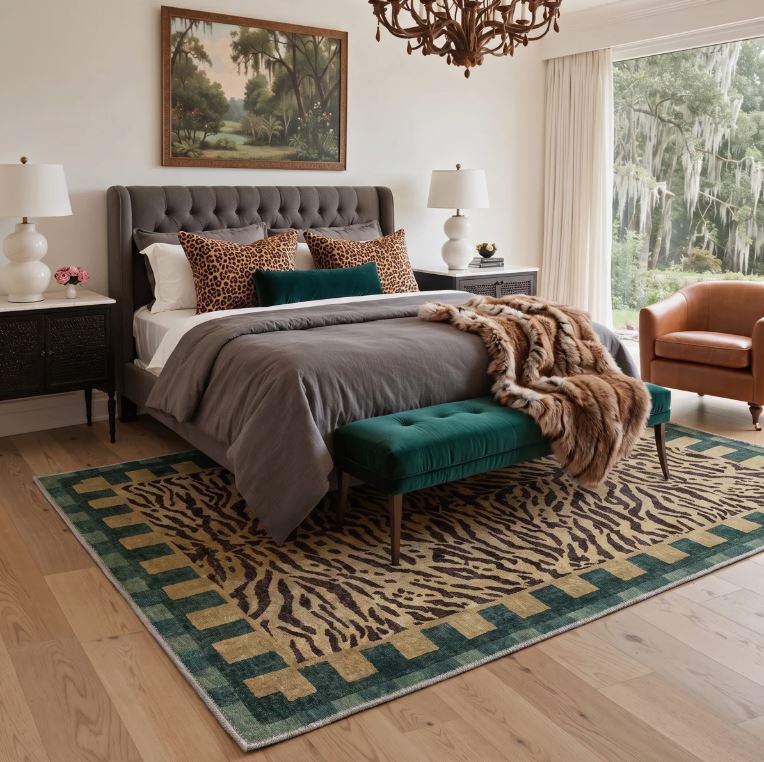 6' x 9' Alissa Zagora Animal Print Tiger Stripe Machine Washable Green / Brown Indoor Area Rug with Non-Slip Backing