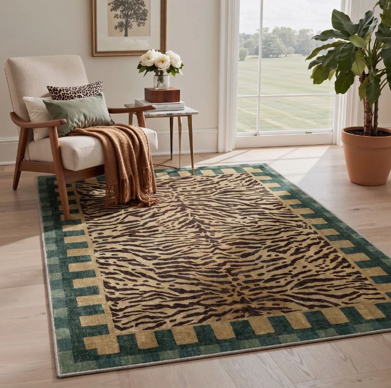 6' x 9' Alissa Zagora Animal Print Tiger Stripe Machine Washable Green / Brown Indoor Area Rug with Non-Slip Backing