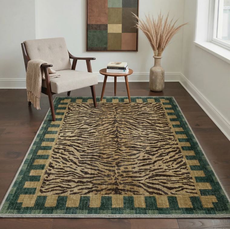 6' x 9' Alissa Zagora Animal Print Tiger Stripe Machine Washable Green / Brown Indoor Area Rug with Non-Slip Backing