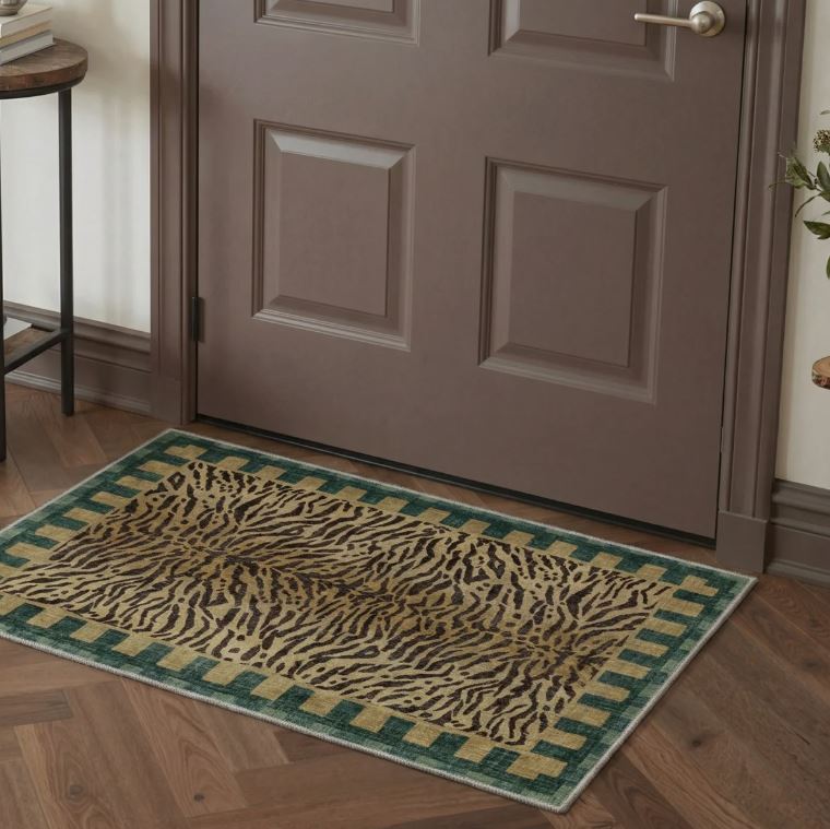 6' x 9' Alissa Zagora Animal Print Tiger Stripe Machine Washable Green / Brown Indoor Area Rug with Non-Slip Backing
