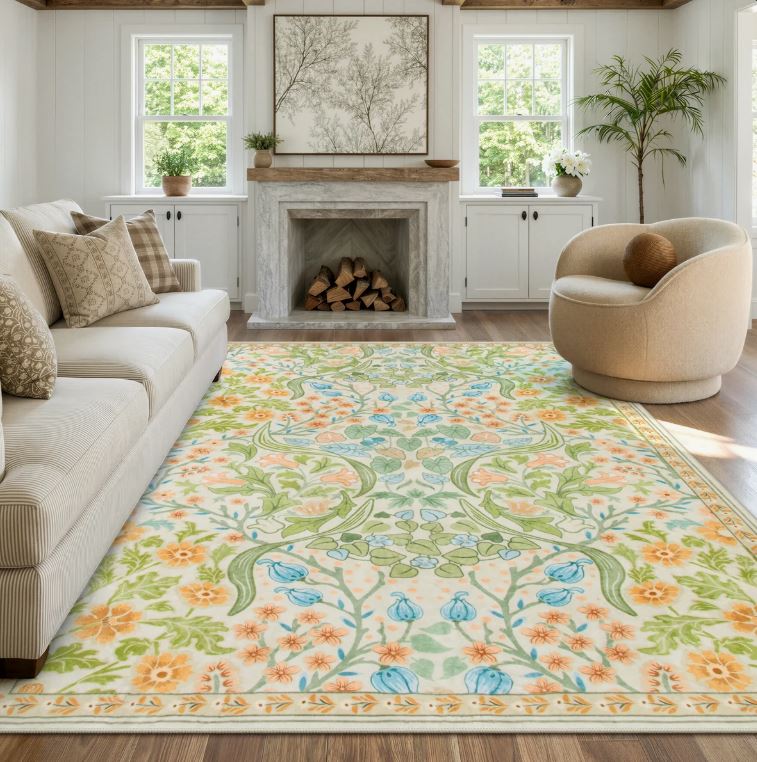 8x10 Kaldi Floral Washable Area Rug – Intricate Nature-Inspired Design, Non-Slip Soft Floor Mat for Living Room, Bedroom, and Entryway
