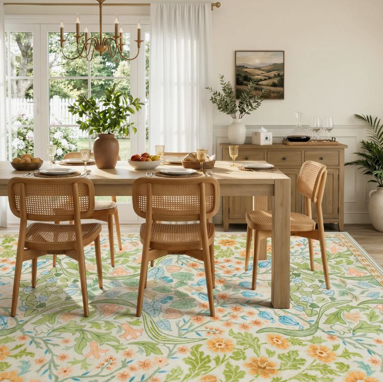 8x10 Kaldi Floral Washable Area Rug – Intricate Nature-Inspired Design, Non-Slip Soft Floor Mat for Living Room, Bedroom, and Entryway