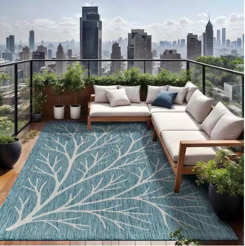 Flora Aqua 8 ft. x 10 ft. Coral Branch Washable Indoor Outdoor Area Rug