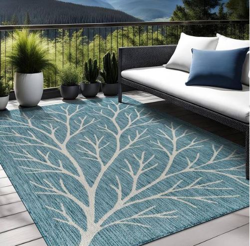 Flora Aqua 8 ft. x 10 ft. Coral Branch Washable Indoor Outdoor Area Rug