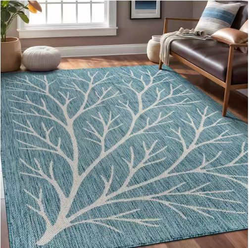 Flora Aqua 8 ft. x 10 ft. Coral Branch Washable Indoor Outdoor Area Rug