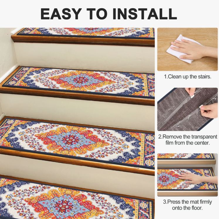 Non-Slip Stair Treads with Tape Colorful Chenille Stair Runner (Set of 15)