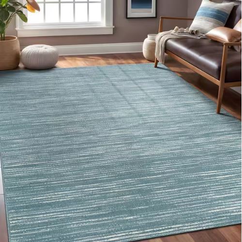 Linea Teal 5 ft. x 7 ft. Rubber Back Washable Modern Striped Indoor Outdoor Patio Area Rug