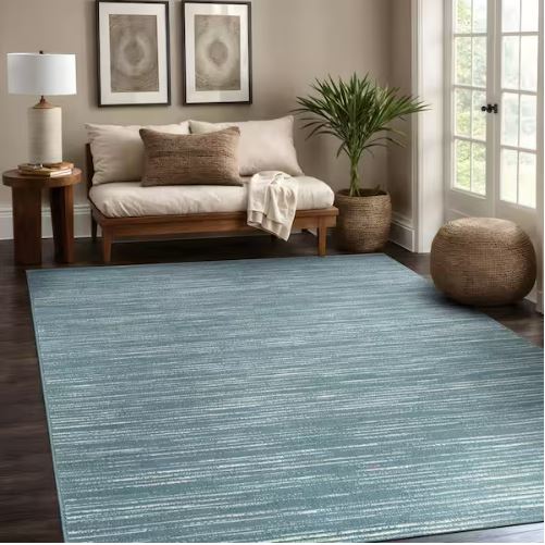 Linea Teal 5 ft. x 7 ft. Rubber Back Washable Modern Striped Indoor Outdoor Patio Area Rug