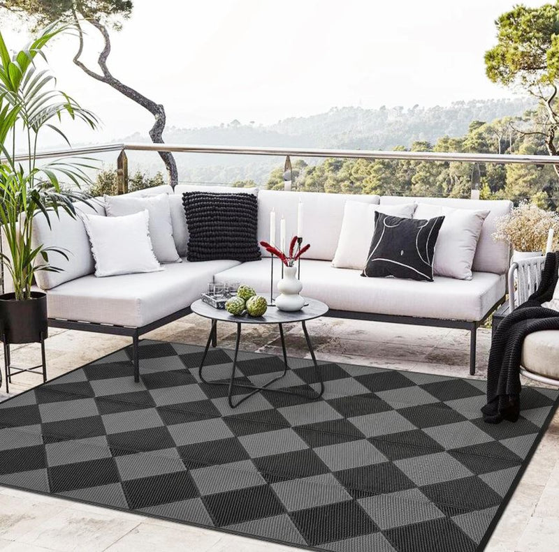 Garvee Outdoor Plastic Straw Rug 8x10 Reversible Waterproof Patio Rug Black/Grey Diamond for Camping, RV, Porch, Balcony, Picnic, Beach