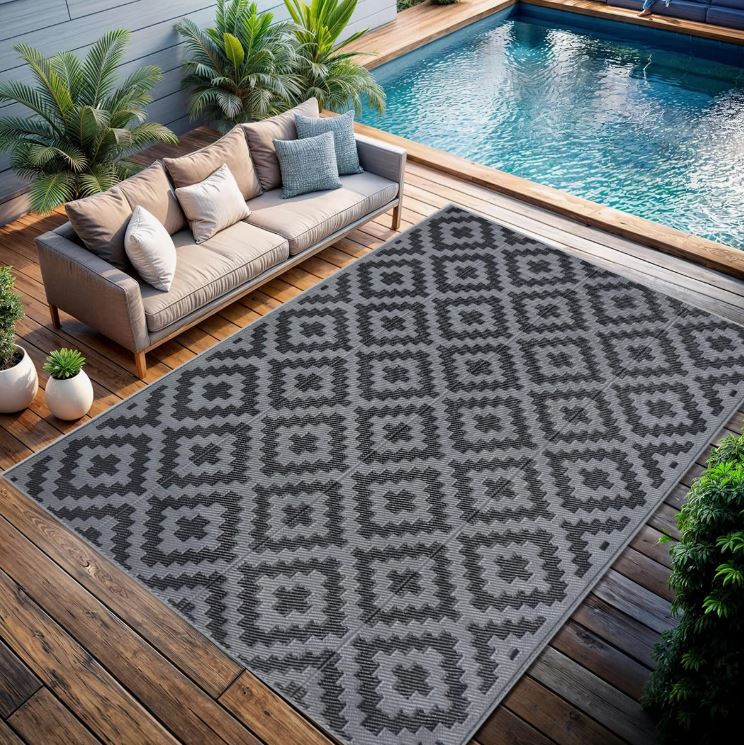 9x12 Black & Grey Geometric Cross Outdoor Rugs for Patio, Porch, or Balcony