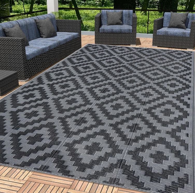 9x12 Black & Grey Geometric Cross Outdoor Rugs for Patio, Porch, or Balcony