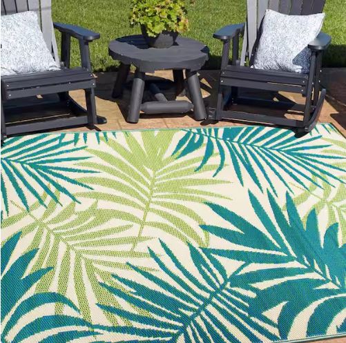 Modern Floral Reversible Plastic Green 6 ft. x 9 ft. Outdoor Area Rug
