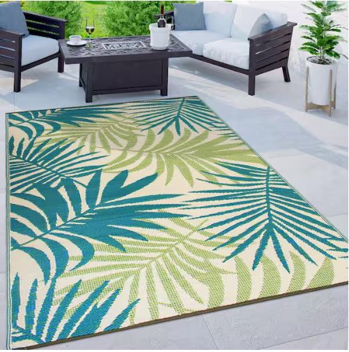 Hawaii Green 8 ft. x 10 ft. Modern Floral Reversible Plastic Outdoor Area Rug