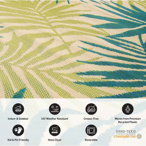 Hawaii Green 8 ft. x 10 ft. Modern Floral Reversible Plastic Outdoor Area Rug
