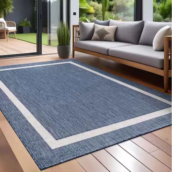 Waikiki Blue/White 8 ft. x 10 ft. Bordered Indoor/Outdoor Area Rug
