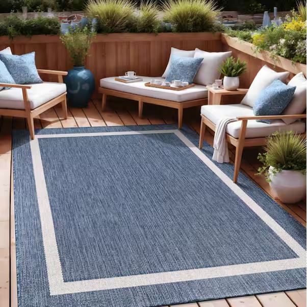 Waikiki Blue/White 8 ft. x 10 ft. Bordered Indoor/Outdoor Area Rug