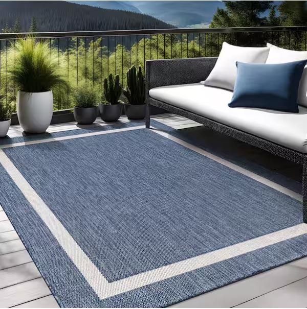 Waikiki Blue/White 8 ft. x 10 ft. Bordered Indoor/Outdoor Area Rug