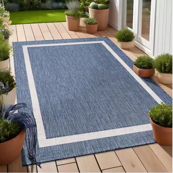 Waikiki Blue/White 8 ft. x 10 ft. Bordered Indoor/Outdoor Area Rug