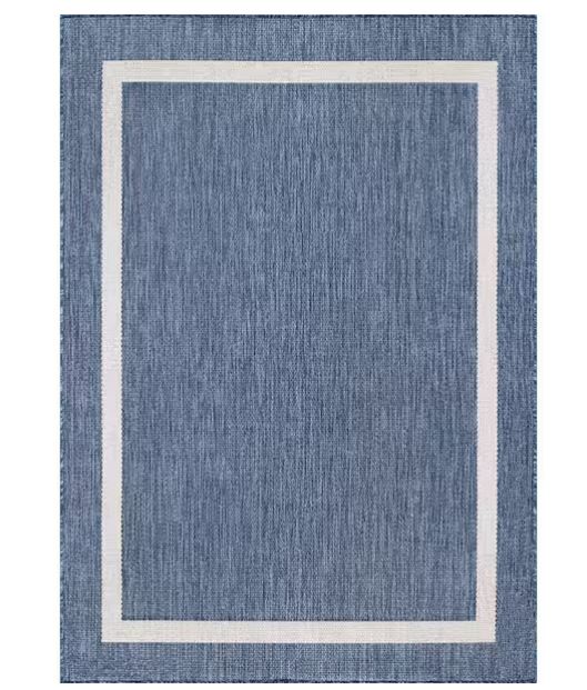 Waikiki Blue/White 8 ft. x 10 ft. Bordered Indoor/Outdoor Area Rug