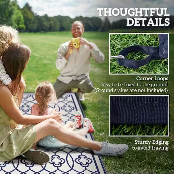 Blue and White Lantern 9 ft. x 18 ft. Waterproof Plastic Straw Floor Mat Large Reversible Outdoor Rug Area Rug