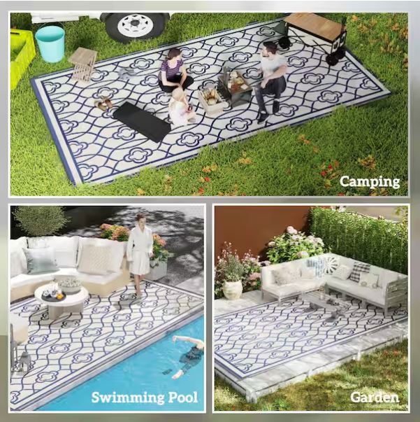 Blue and White Lantern 9 ft. x 18 ft. Waterproof Plastic Straw Floor Mat Large Reversible Outdoor Rug Area Rug