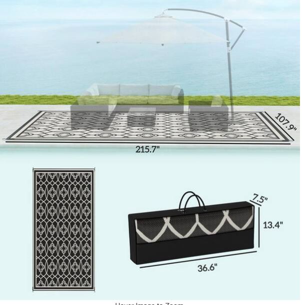 Black and White Lantern 9 ft. x 18 ft. Waterproof Plastic Straw Floor Mat Large Reversible Outdoor Rug Area Rug