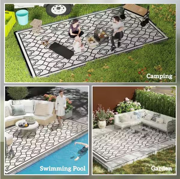 Black and White Lantern 9 ft. x 18 ft. Waterproof Plastic Straw Floor Mat Large Reversible Outdoor Rug Area Rug