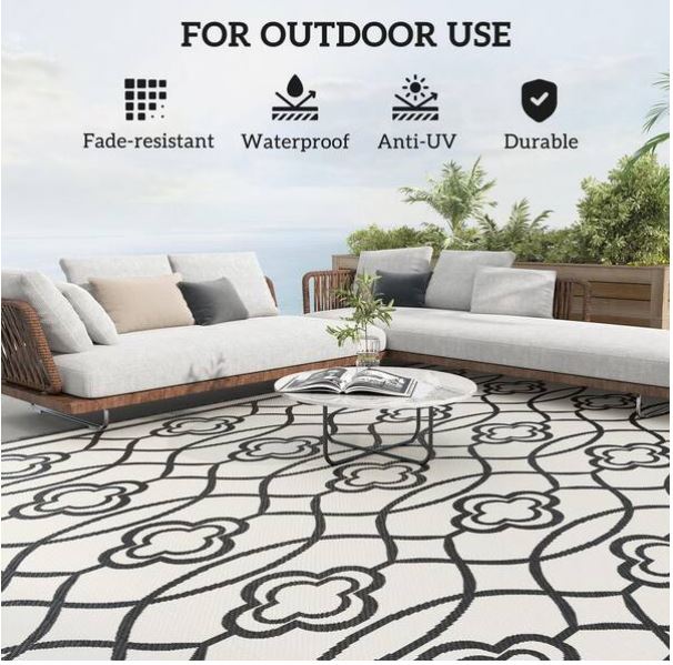 Black and White Lantern 9 ft. x 18 ft. Waterproof Plastic Straw Floor Mat Large Reversible Outdoor Rug Area Rug