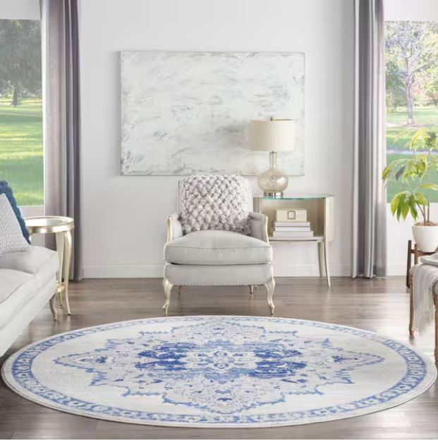 Whimsical Ivory Blue 8 ft. x 8 ft. Center Medallion Traditional Round Rug