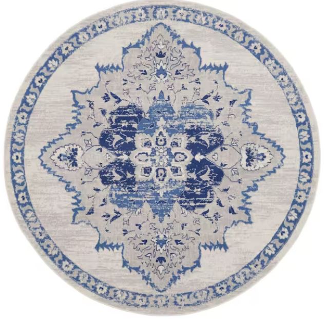 Whimsical Ivory Blue 8 ft. x 8 ft. Center Medallion Traditional Round Rug